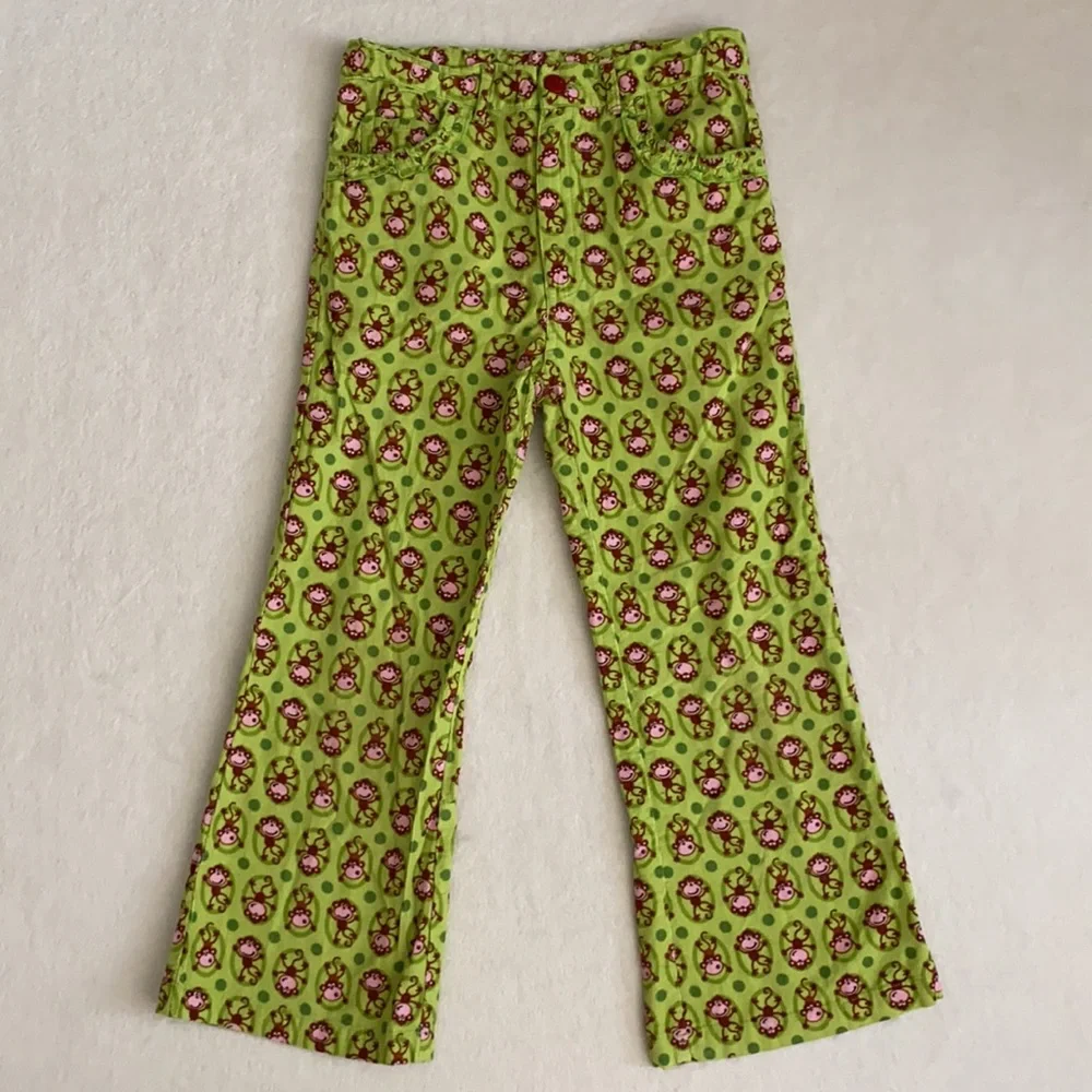 CR Kids | Lightweight Corduroy Wide Leg Monkey Print Pants Green/Brown/Pink (5)